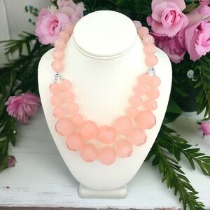 Vintage Necklace Silver Tone Pink  Lucite Beads Silver Tone Mid Century 2J